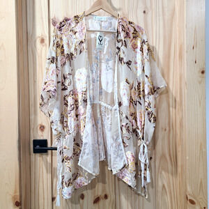 NWT Simi Sue Kimono Open Front Sheer Floral Velvet Cardigan Fairy Boho Size L
